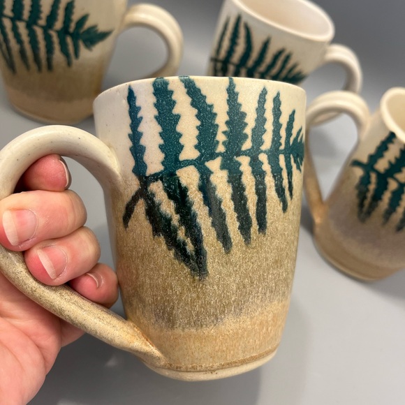 Set  of 4 Stegall Art Studio Pottery Fern Coffee or Tea Mugs Cabin Rustic tans - Picture 2 of 15